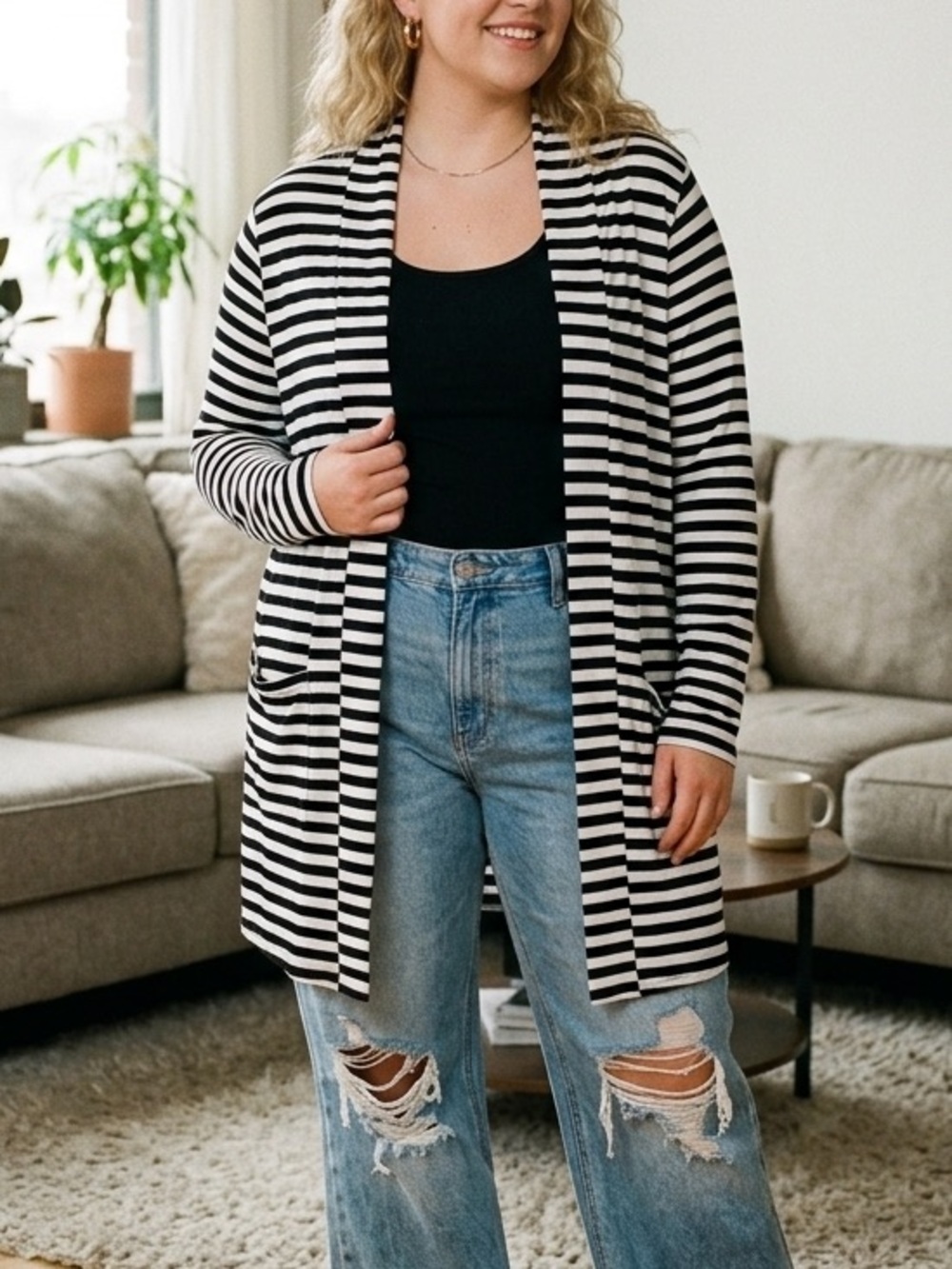 Torrid Super Soft Cardigan Black Ivory Striped Open Front 1X